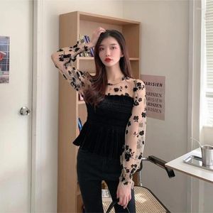 Women's T Shirts Women Floral Mesh Long Sleeve Shirt Ruffle Shirred Smocked Peplum Crop Top