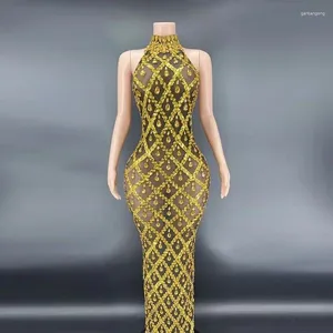 Palco desgaste brilhante prata grande strass transparente vestido longo noite aniversário celebrar traje luxuoso dançarino piscando baile