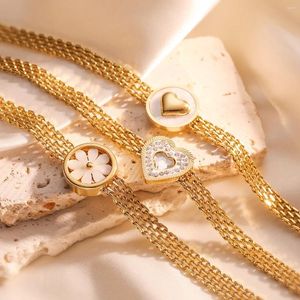 Cmoonry icke-blekande rostfritt stål smycken guld färg hjärtblommor charm armband för kvinnor