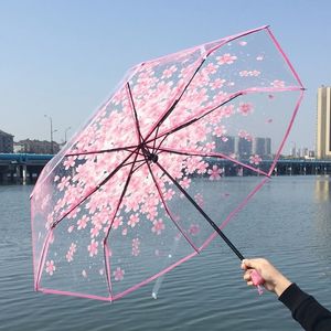 3-Folded Cherry Blossom Umbrellas Portable Sakura Transparent Clear Sunscreen Umbrella Kids Rainy Sunny Umbrellas Q918