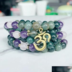 ビーズMG2030 NEW DESING MOSS AGATE AMETHYST ROSE QUARTZ 108 MALA OM CHARM WOMENS YOGI BRACELET MEDITATION NCEジュエリードロップ配信DHXXJ