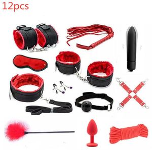 Porr kvinnor män nylon handbojor bröstvårtor klämmer piska mun gag sexmask anal plug bdsm bondage set sexiga underkläder för vuxna y201448042