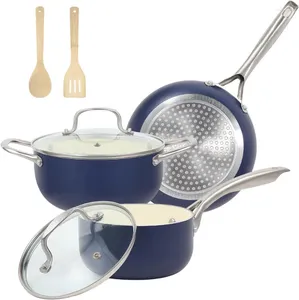 Cookware Sets Pots And Pans Set 7 Piece Nonstick Ceramic Non Toxic Induction Oven Safe Handle & Bamboo Kitchen