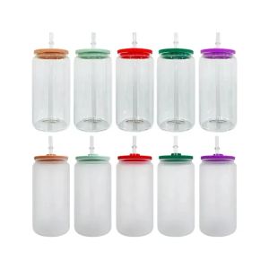 Lata de vidro transparente de sublimação transparente fosca de borosilicato a granel reciclável de 16 onças com tampa de silicone em formato de lata para bebidas com canudo em estoque pronto para enviar 0125