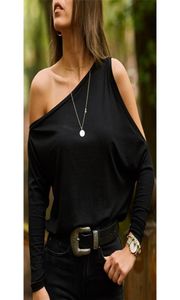 2019 verano negro un hombro Top femenino de manga larga Sexy cuello oblicuo camisas de mujer sueltas sólidas sin tirantes ropa de mujer 7299453