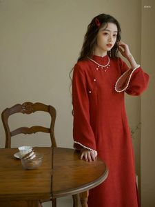 Ethnic Clothing Chinese Robe Women's Vintage Elegant Beaded Plaid Shirt Autumn Improvement 2024 Girls Youth High Quality Qipao Long Dress