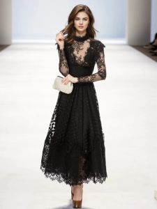 Catwalk Designer Spring High Quality Women's Fashion Party Black Lace Chic Casual Pretty Classic Tassels Long Dresses For Women