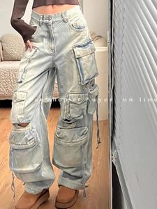 Женские потертые брюки-карго с множеством карманов в тяжелой промышленности Y2K, винтажная уличная одежда, свободные свободные джинсы прямого кроя с высокой посадкой 240118