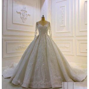 Vestidos de casamento de linha A Vestidos de noiva brancos Marfim Vestidos de noiva Uma linha O-pescoço Manga comprida até o chão Tle Applique Frisado Personalizado Zipp Otl2T