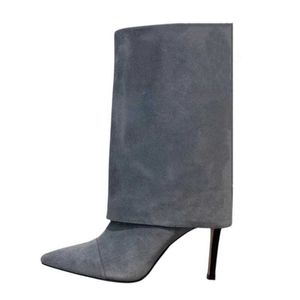 Scarpe eleganti Autunno Inverno 2022 Nuova moda sexy in pelle scamosciata Stivaletti corti con tacco alto Scarpe da donna a punta con tacco alto Nero Marrone Grigio Taglia grande L231228