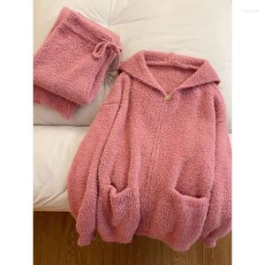 Pijamas femininos doce donzela orelhas com capuz meia lã pijama feminino inverno espessamento para calor um conjunto de loungewear pode ser usado