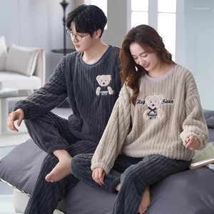 Pijamas femininos estilo coreano bonito urso casal pijama define manga longa coral velo loungewear pijamas mujer amantes noite ternos homewear