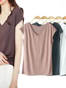 Kadınlar bluzlar Modal T-Shirt Yaz 2024 Koreli kolsuz v yaka gömlek İnce dip üst moda