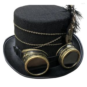 Berets Steampunk Top Hat Wool Felt Victorian With Goggles & Feather Unisex Costume Cap Gothic Hippies Cosplay Props