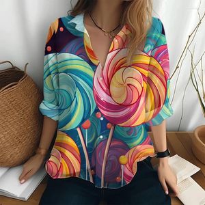 Damskie bluzki harajuku w stylu Sweet Lollipop 3D Printed Long -Sleeved Spring i jesienne na zewnątrz swobodne klapy