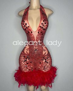 Ruby Red Sparkly Short Prom Homecoming Dresses for Luxury Diamond Feather See See See See