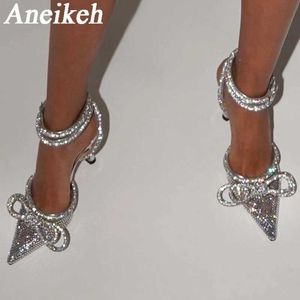 Sandaler Aneikeh 2024 Sandaler klackar kvinnor skor mode silver fjäril-knot smal band bling cross bunt crystal spetsiga tåpumpar 42 J240126