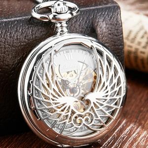 Relógios de bolso coração asas oco design fob corrente pingente relógio mecânico algarismos romanos dial manual steampunk hombre