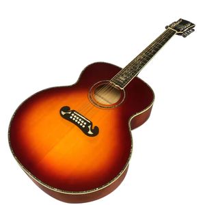 43 12-струнная акустическая гитара серии J200, полностью инкрустированная ракушками, окрашенная в вишнево-красный цвет.