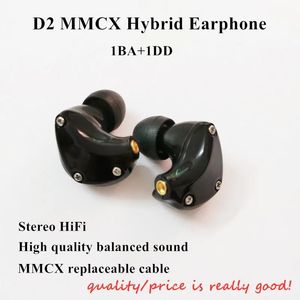 Hörlurar D2 MMCX Hybrid Earphones 1BA + 1DD HIFI Earuds Custom Made Stereo MMCX Hörlurar Sport DJ Monitor HEADSETBOOY CANCERING IEM