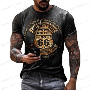 Herr t-shirts Summer Men's T-skjortor överdimensionerade lösa kläder vintage kort ärmmode amerika väg 66 bokstäver tryckt o krage t skjortor t240126