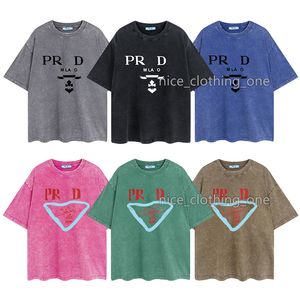 Erkek Tasarımcı Pra T-Shirt Vintage Retro Yıkalı Gömlek Lüks Marka Tişörtleri Kadın Kısa Kollu Tişört Yaz Nedensel Tees Street Giyim Üstleri Çeşitli Renkler-12