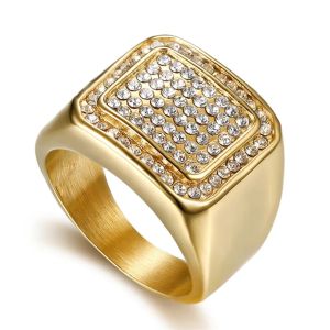 Hip Hop Mens Iced Out Cubic Zircon Square Rings 14k Yellow Gold High Quality CZ Cool Male Ring Party Jewelry