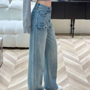 Ripped Jeans Women Designer Pants Womens Fashion Splicing Letter Graphic Denim Trousers Casual Loose Straight Denim Pants