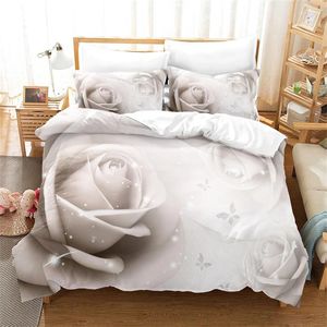 Set di biancheria da letto Set copripiumino con fiori Stampa 3D Rosa bianca Piumino fresco King Size Per ragazze Donne Amanti Coppia Poliestere