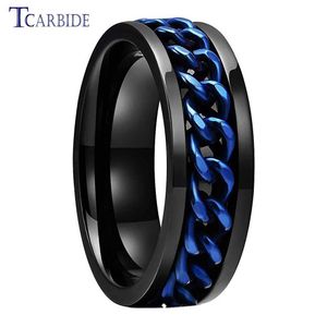 Band Rings Dropshipping 8mm Black Blue Rotate Ring Men Women Fashion Stainless Steel Jewelry With Chain Inlay In Stock 240125