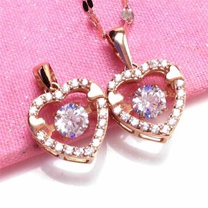Ожерелья с подвесками, русское фиолетовое золото 585 пробы, женские циркониевые динамические сердца в форме сердца, покрытые розой 14 карат, изысканные ювелирные изделия универсального дизайна