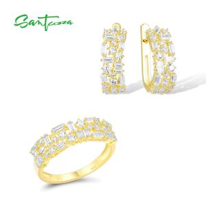 Charm Santuzza Genuine Sterling Sier Jewelry Set for Women White Cubic Zirconia Gold Color Ring Earrings Set Fine Jewelry