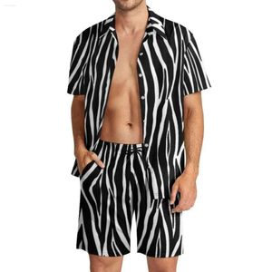 Herren-Trainingsanzüge, Zebra-Druck, Herren-Sets, schwarze und weiße Streifen, lässige Shorts, Sommermode, Strandhemd-Set, Kurzarm-Design, große Größe S 29