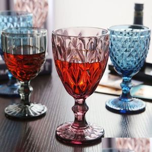 ワイングラス10オンスのワイングラス色付きガラスゴブレットステム300mlビンテージパターンエンボス加工されたパーティーウェディングFY55 DHFJ8のためのロマンチックな飲み物