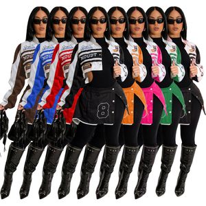 2024 Designer Motorradjacke Frauen Langarm Baseball Uniform Print Oberbekleidung Fahion Kurze Jacke Minirock Zweiteilige Sets Bulk Großhandel Kleidung 10610