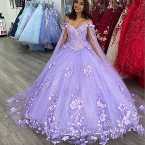 يزدهر ثوب الكرة منتفخ Quinceanera فساتين Lilac Lavender Lace-Up Corset Back Vestido 15 ANOS Festa Graduation Barty Party Plus size