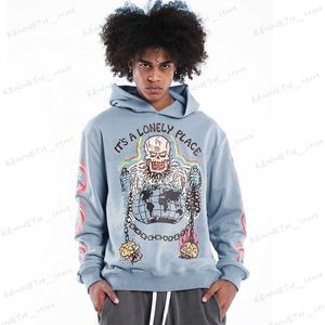 Erkek Hoodies Sweatshirts Hip Hop İskelet Demon Baskılı Kapüşonlu Sweatshirt Erkekler Büyük Boy Graffiti Hoodies Bol Kafatası Küley T240126