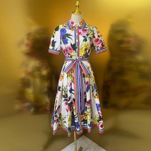 여성 드레스 유럽 패션 브랜드 흰색 면화 봄/여름 장미 정원 인쇄 커스텀 버튼 수집 허리 큰 밑단 짧은 슬리브 미디 드레스