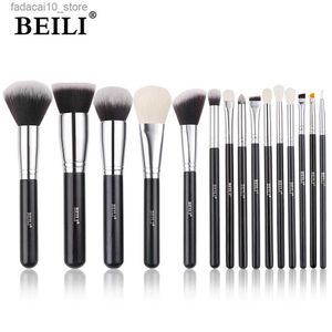 Makeup Brushes Beili Black 15 PCS Makeup Brushes Professional Natrul Goat Syntetic Hair Foundation Powder Eyeshadow Brush Make Up Tools Q240126