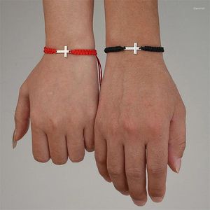Link pulseiras aomu aço inoxidável cruz encantos pulseira ajustável artesanal corda tecida para mulheres homens jóias presentes do dia dos namorados