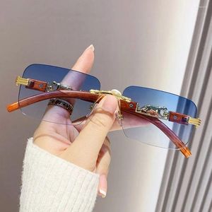 Sunglasses Trendy Rimless Cut Edge Unique Cheetah Design Cool Metal Temples Rectangle Sun Glasses Retro Shades