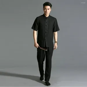 Tracksuits masculinos 2024 homens camisa e calça 2 peças terno conjunto bordado design na frente tangzhuang twinset preto cinza bege oriental