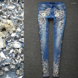 Calças femininas Mulheres Strass Diamante Denim Jeans Skinny Stretch Lápis Slim Vintage Casual