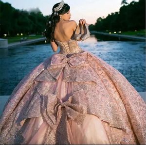 Rosa glänzend Ballkleid Quinceanera Kleid Tüll appliken Spitzenperlen Bug von Schulter süß 15 16 Jahre Geburtstagsfeier formelle Kleider