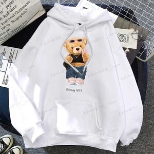 Hoodies das mulheres moletom rua teddy bear selfie swag menina engraçado roupas femininas respirável solto hoodies harajuku bolso moletom macio tripulação com capuz t240126