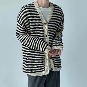 Camisolas masculinas com decote em v solto cardigan listrado outerwear v pescoço de malha para homem outono inverno casaco de camisola de peito único