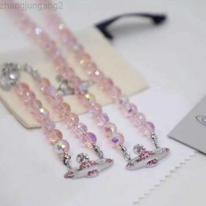 Designer Viviane Westwoods Vivienen Empress Dowager Xis Super Sparkling Pink Crystal Diamond Saturn Necklace Bracelet Female Star Luxury and Fashionable New Styl