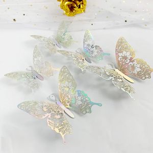 1224 pçs 3d oco borboleta adesivo de parede ouro prata rosa decoração casamento sala estar decoração casa borboletas decalque adesivos 240123