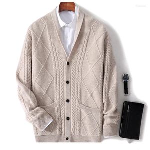 Camisolas masculinas outono e inverno duplo grosso cardigan com bolso lã pura manga comprida camisola de caxemira casaco quente