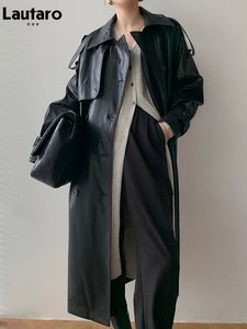 ラウタロ秋、女性用ラグラン長袖ダブルブレストブラウン韓国ファッション240119のためのラウタロ秋長い黒いフェイクレザートレンチコート240119